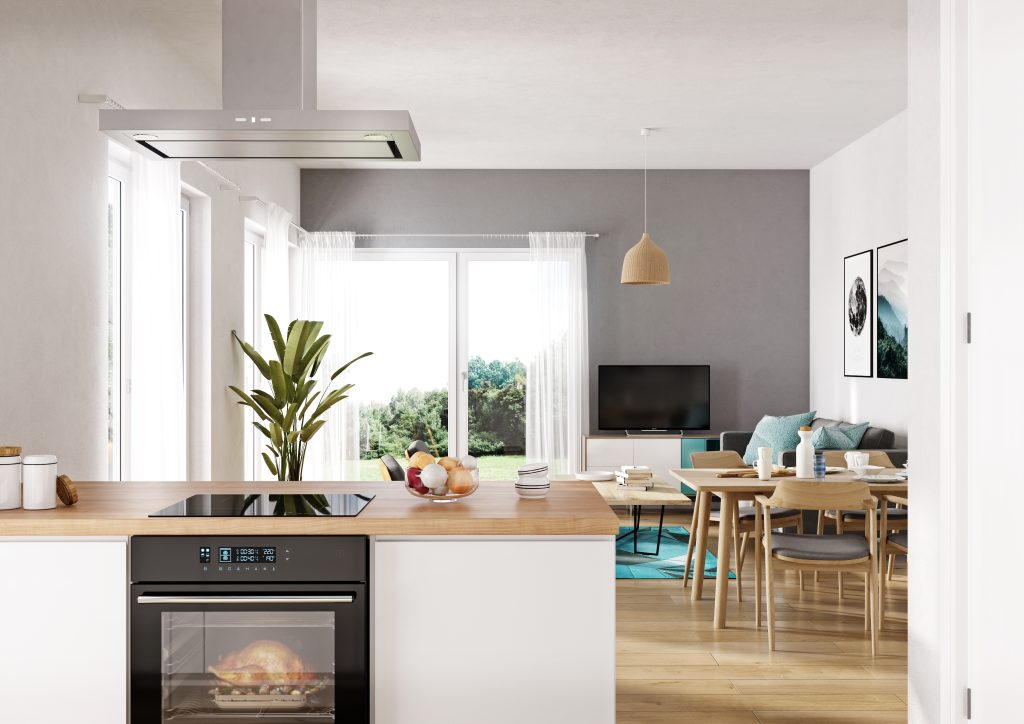 Moderne offene Küche mit Kochinsel und Blick ins Wohnzimmer